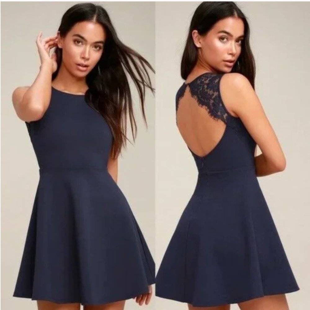 NWOT lulu’s navy need you close lace backless skater dress small